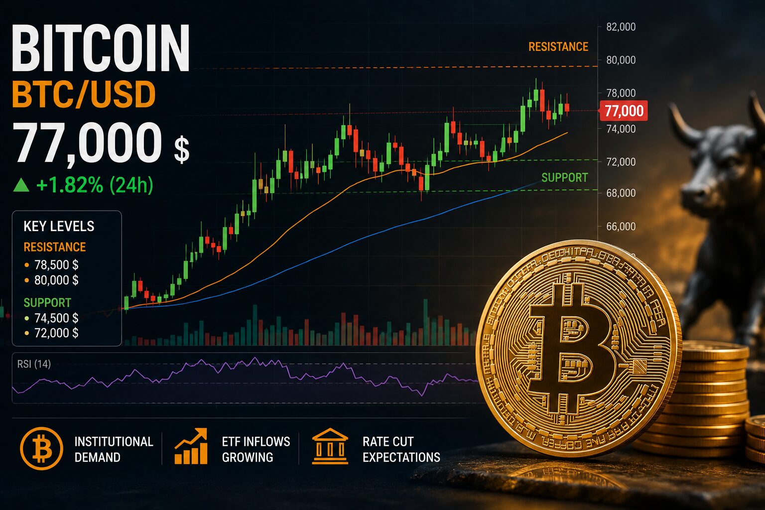 BTC се задържа около 77 000 долара – накъде върви пазарът