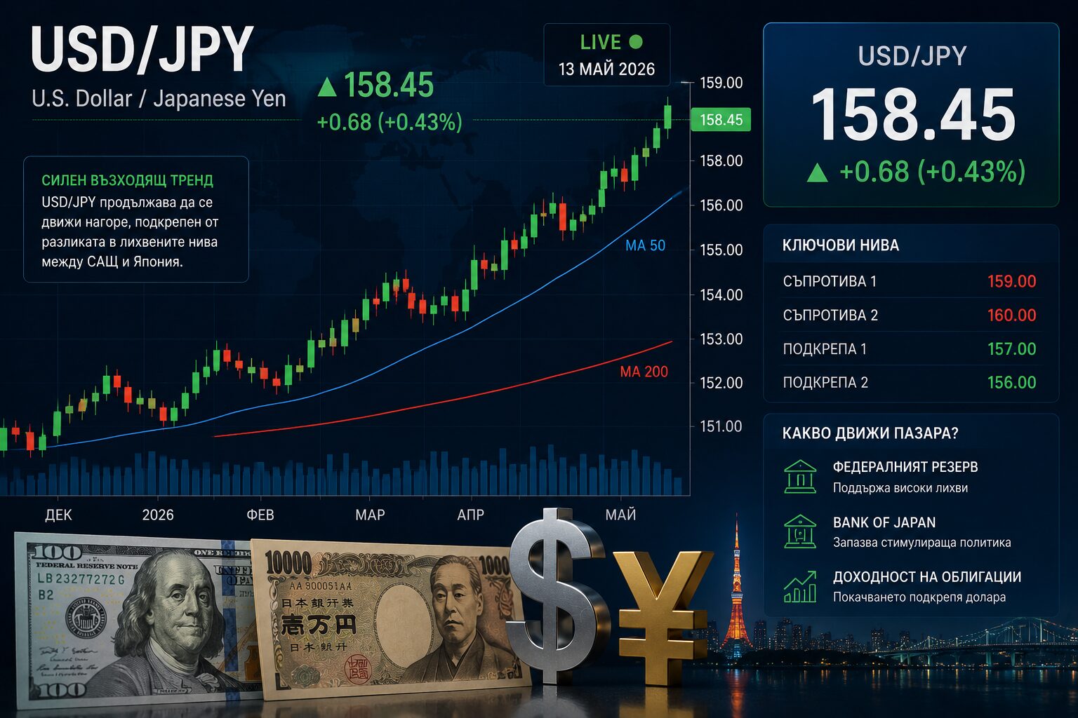 USDJPY анализ днес Доларът достига 160 срещу японската йена